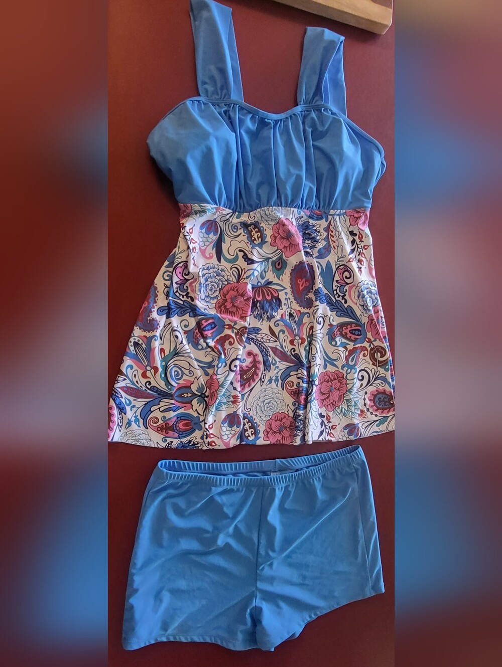 Women's Bathing Suit 2 Piece Top with Boy Shorts Blue 3XL Paisley Print Swim